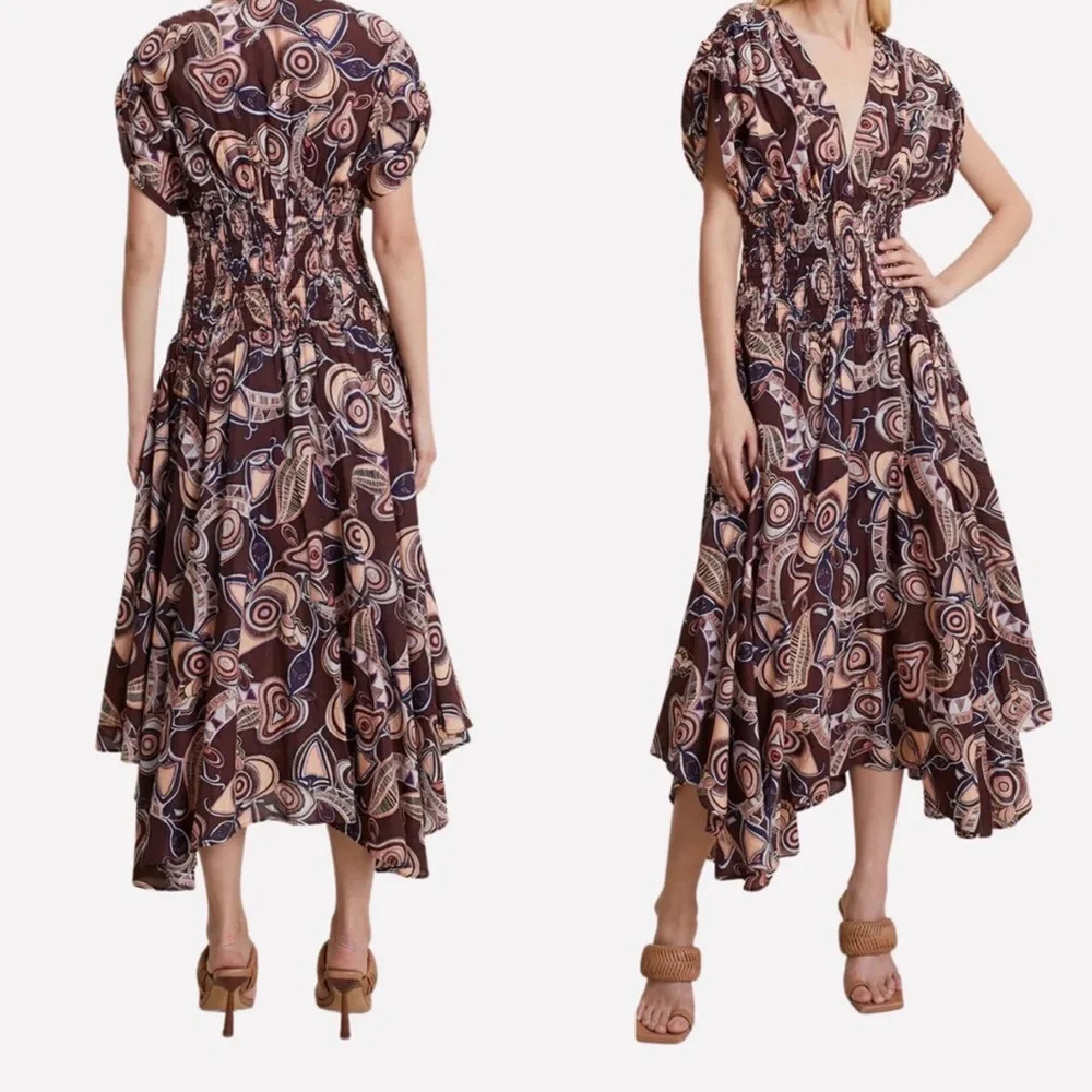 NWT $595 A.L.C. Lucia Floral Smocked Midi Dress in Bitter Chocolate Multi Size 6